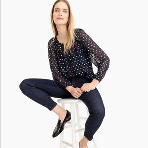 J. Crew Rainbow Dot Popover K4385 Colorful Navy Chiffon Top